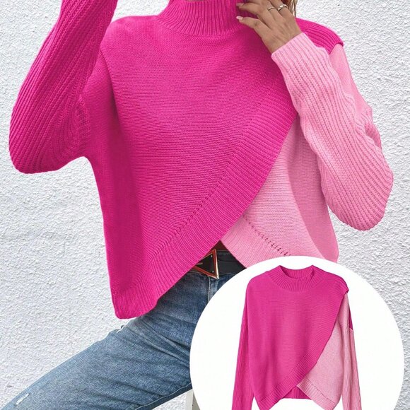 Multicolor Casual Patchwork Women's Long Sleeve Stand Collar Pullover Sweater - Picture 7 of 7